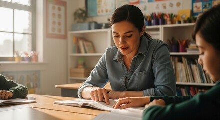 Teacher and Student Reading Book in Classroom Setting.