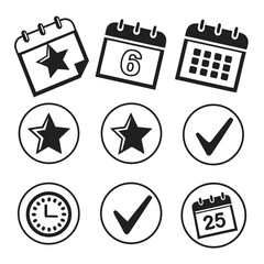 Calendar and time icons with stars and checkmarks date