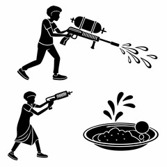 Children playing with water guns and water splashes Keywords: silhouette, child, boy, girl, water