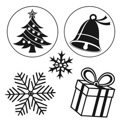 Christmas Icons Including Tree Bell Snowflakes and Gift Box