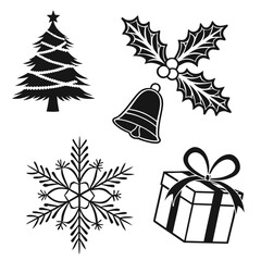 Christmas Icons Tree Holly Bell Gift Box Snowflake