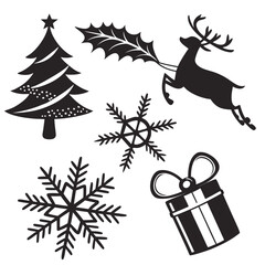 Christmas icons: tree, reindeer, snowflakes, and gift box