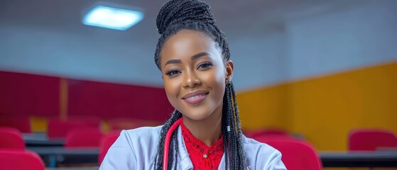 Confident young female doctor with stethoscope smiles warmly in a lecture hall with red seats, ready to serve her patients with compassion.
