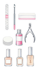 Essential Nail Care Kit A Watercolor-Style Illustration of Manicure Tools for Beauty and Relaxation