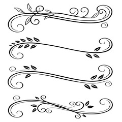 Collection of Four Black Flourishes with Leaves and Swirls