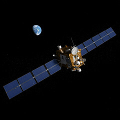 The satellite orbits Earth a silent sentinel watching over our fragile blue home with complex gold detail and solar