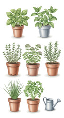 A beautifully illustrated collection of common kitchen herbs in individual pots with a watering can