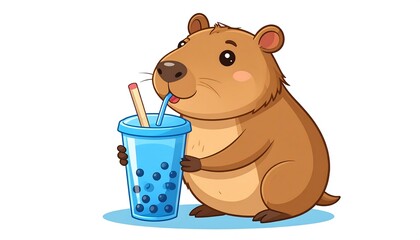 Cute cartoon capybara drinking bubble tea