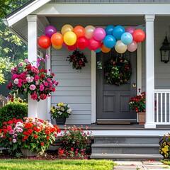 Colorful balloon arch over a house