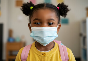 Close up of a young African American girl wearing a face mask and backpack in a classroom setting.