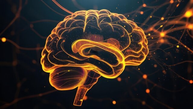 Stunning glowing brain illustration with interconnected neural pathways, perfect for science, technology, and medical concepts with vibrant energy.