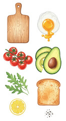 Watercolor clip art set of rustic breakfast essentials including board, egg, avocado, tomatoes, arugula, lemon, toast
