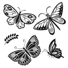 Decorative Butterfly and Dragonfly Silhouettes with Leaf