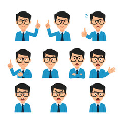 Vector illustration set of a businessman character with glasses showing various emotions and gestures.