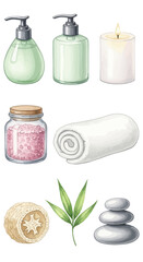 Watercolor Spa Bathroom Set Soap, Lotion, Candle, Towel, Salt, Loofah, Bamboo, Stones