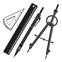 Drafting Tools Ruler Pen Compass And Triangle Silhouette Keywords: drafting, tools, ruler, pen