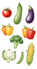 A vibrant collection of nine fresh garden vegetables illustrated in a realistic, detailed style