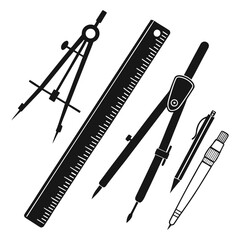 Drawing Instruments Compass Ruler and Pen Silhouette Group