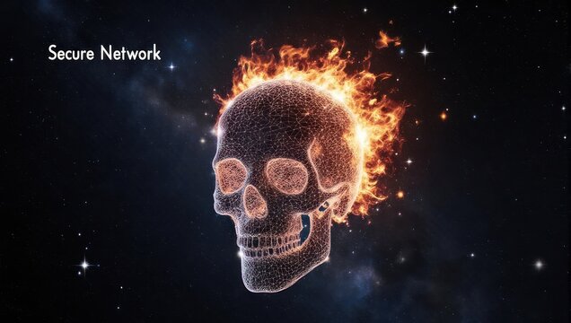 Fiery skull representing cyber security threat in cosmic space, illustrating digital danger and network vulnerability for IT professionals
