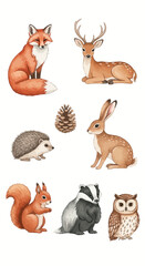 Fototapeta premium Watercolor forest animal set featuring a fox, deer, hedgehog, hare, squirrel, badger, owl, and pine cone