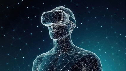 Immersive virtual reality experience concept with digital wireframe figure wearing VR headset against futuristic network background
