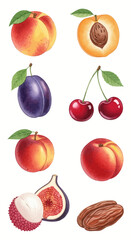 Watercolor Fruit Collection A Vibrant Clip Art Set Featuring Peach, Apricot, Plum, Cherries, Nectarine & More