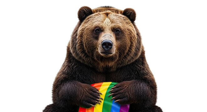 Majestic grizzly bear proudly holding vibrant rainbow flag symbol of LGBTQ+ pride and inclusivity, a powerful statement of support and acceptance.