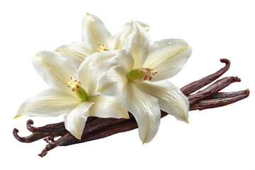 Two white vanilla orchid flowers with dark brown vanilla pods