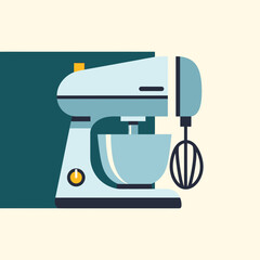 Illustration of a light blue stand mixer with a whisk attachment.