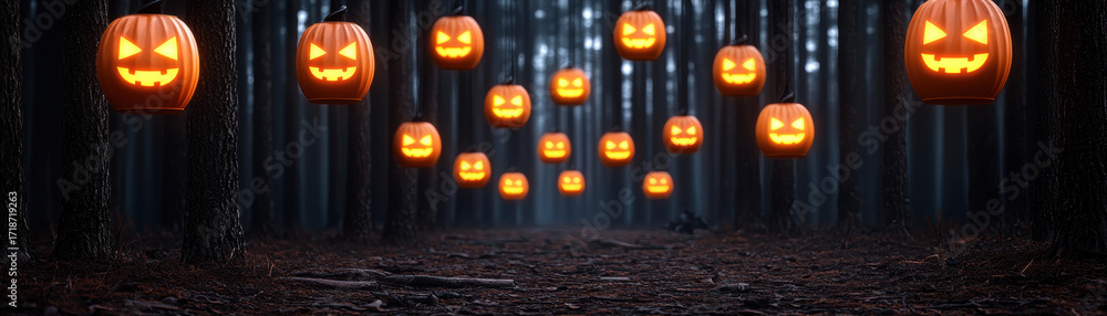 Poster halloween cyber security technology theme with glowing jack o lanterns floating in dark forest creat
