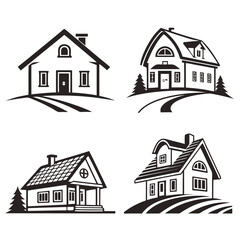 Four Black And White House Icons On Hills home building