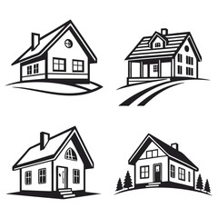 Four Black And White House Icons With Paths home building