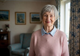 Smiling senior woman with grey hair and a warm expression, standing in her cozy home, symbolizing aging gracefully, happiness, and comfortable retirement.