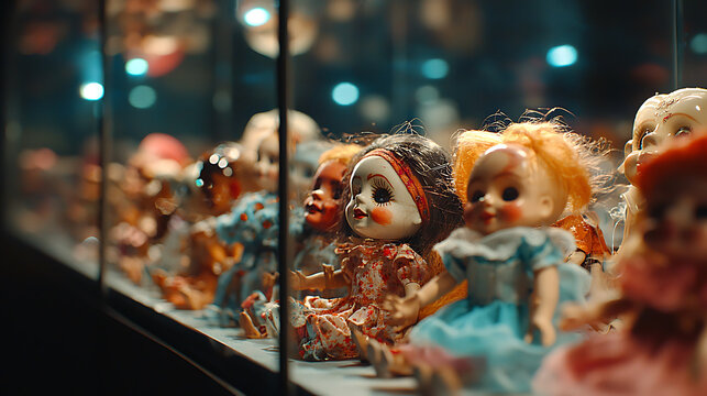 Collection of vintage dolls displayed in museum, showcasing intricate details and various styles, evoking nostalgia and curiosity