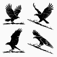 Four Black Silhouette Eagles Landing on Branches Keywords: eagle, bird, silhouette, landing