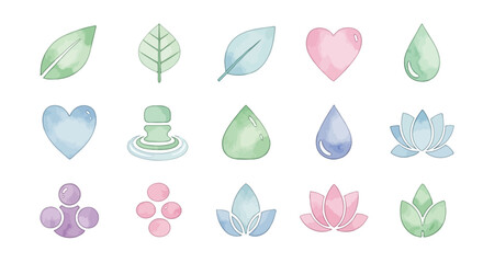 Watercolor clipart of 14 minimalist wellness icons leaf, heart, droplet, lotus, pastel colors