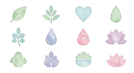 Watercolor collection of wellness and nature icons including the leaf, heart, and lotus flower