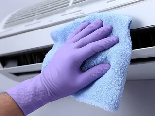A person wea protective gloves wipes down an air conditioner unit with a blue microfiber cleaning cloth.