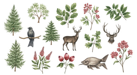 Watercolor collection of forest wildlife with deer, bird, fish, trees, and botanical elements