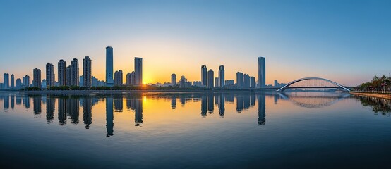 A city skyline with a bridge at sunset, mirrored in calm water. Great for travel, real estate, or city - themed marketing materials.