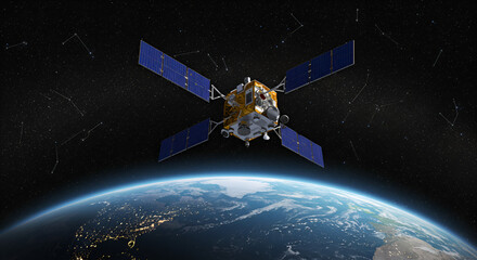A high tech satellite soaring above Earth a silent sentinel in the cosmos capturing the vastness of space and the beauty