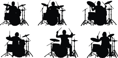 Silhouette drummer playing drum kit, music band performance, percussion musician illustration, rock and jazz concert beats, artistic black design