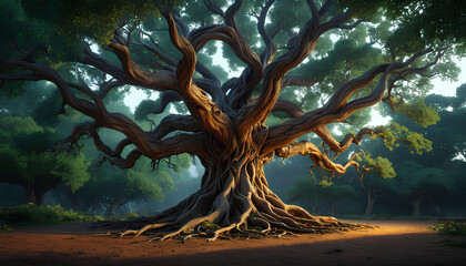 A majestic ancient tree with sprawling roots, symbolizing strength, wisdom, and timeless natural beauty, standing as a living monument in a serene landscape.