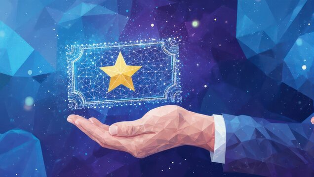 Hand holding a glowing star within a digital frame, representing success, achievement, and financial rewards in a vibrant, futuristic scene