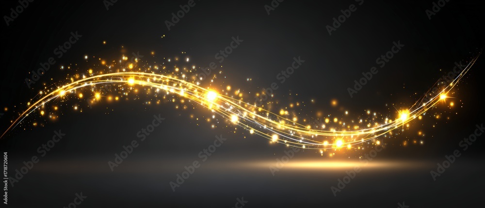 Poster an elegant golden wave of light streaks and sparkles flows across a dark background creating a magic