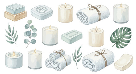 Serene spa and wellness watercolor clipart set featuring soaps, rolled towels, and eucalyptus leaves