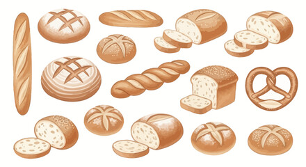 Artistic Bread Collection Sliced Loaves, Baguettes, Rolls, Pretzels, and Warm-Toned Bakery Delights