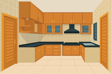 Inviting kitchen design with warm wood cabinets and sleek black countertops creates a modern cooking space