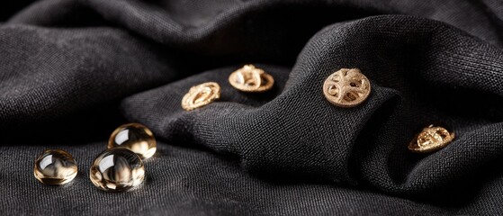 Several elegant gold decorative buttons and transparent glass beads are scattered across a draped dark linen fabric in a soft, moody light.