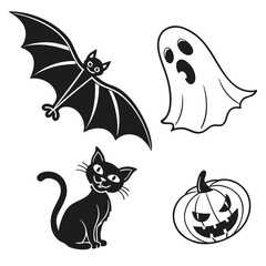 Halloween Icons Black Silhouette Set On White Keywords: halloween, bat, ghost, black cat